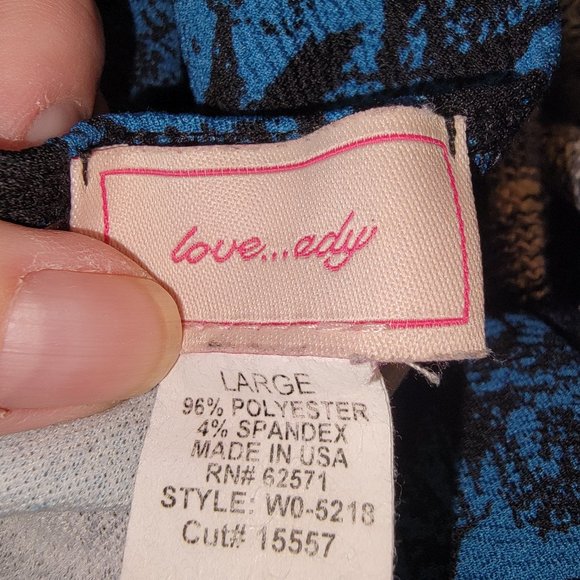 Love...ady Black Dress Blue Flowers Floral Poly/Spandex Great Stretch Size Large - Picture 5 of 6